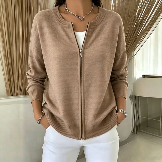 Cárdigan de punto para mujer con cuello redondo y cremallera