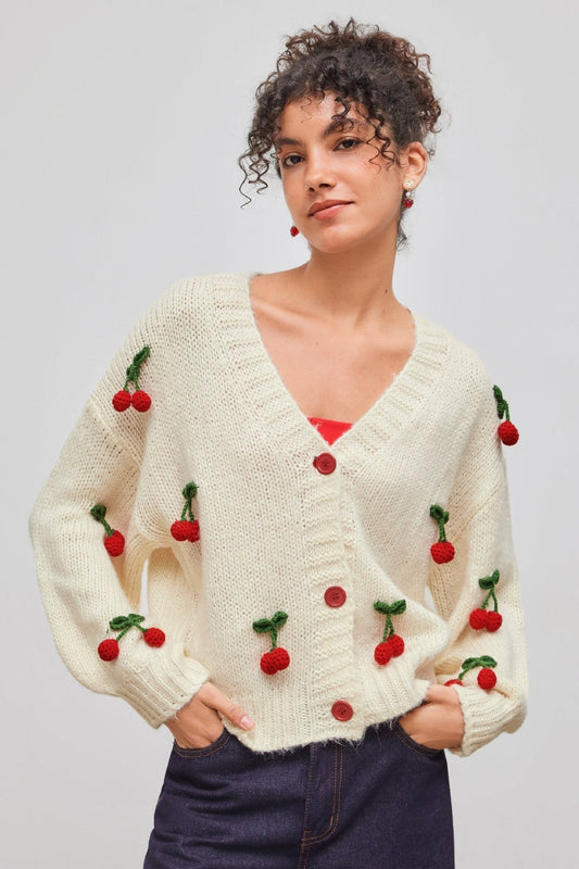 Cárdigan de punto holgado cuello pico apliques de cerezas - Frieda