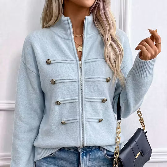 Cárdigan de punto para mujer con cuello alto, cremallera y botones decorativos