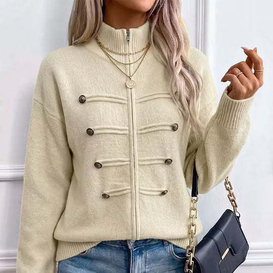 Cárdigan de punto para mujer con cuello alto, cremallera y botones decorativos