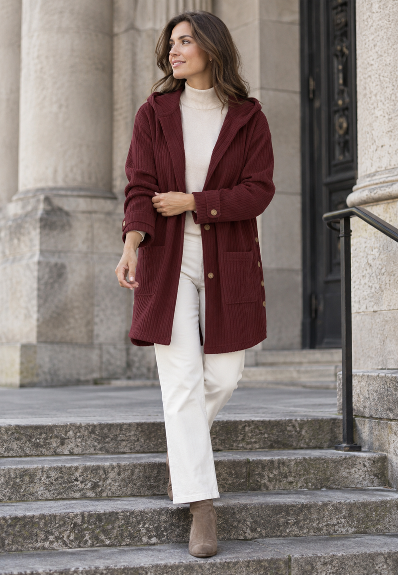 Chaqueta larga Coralie con capucha, botones y bolsillos grandes