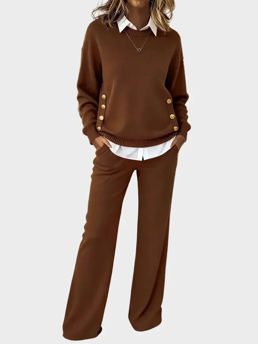 Conjunto de punto para mujer con suéter de botones y pantalón ancho