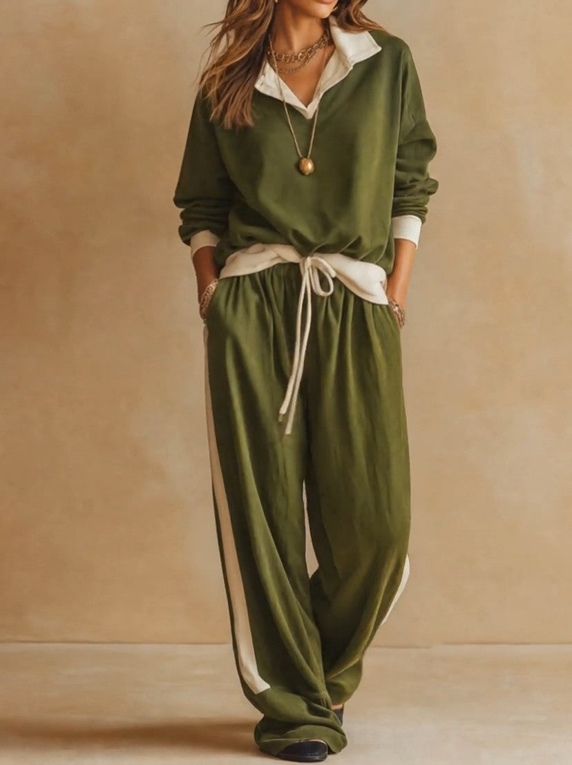 Conjunto de dos piezas para mujer con blusa de cuello polo y pantalón ancho