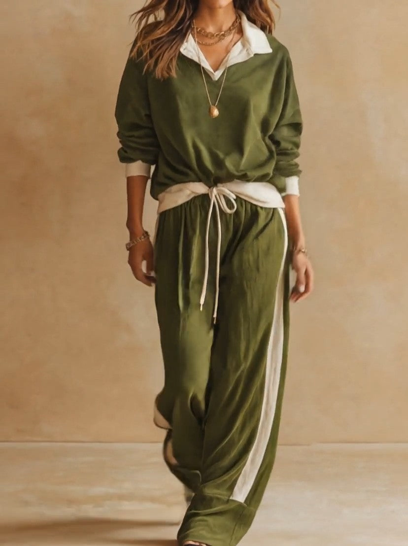 Conjunto de dos piezas para mujer con blusa de cuello polo y pantalón ancho