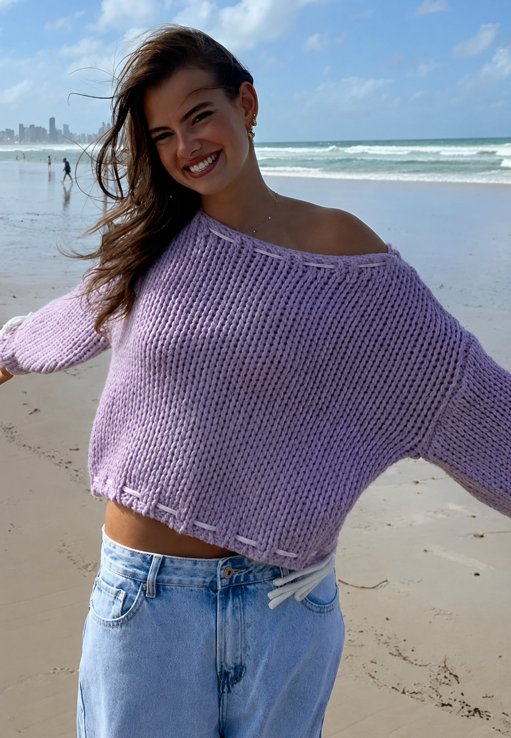 Jersey mujer punto grueso escote barco con lazos - Léonie