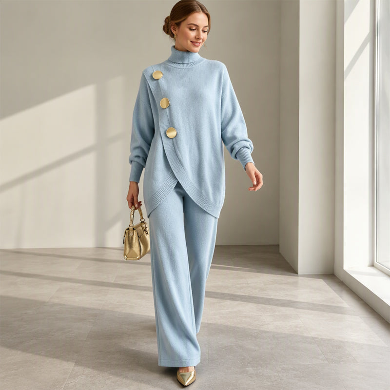 Conjunto de punto para mujer con cuello alto y pantalón de pierna ancha