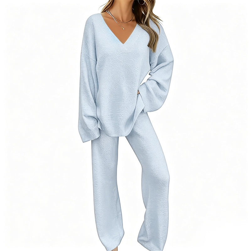 Conjunto de punto para mujer con suéter de cuello en V y pantalón ancho