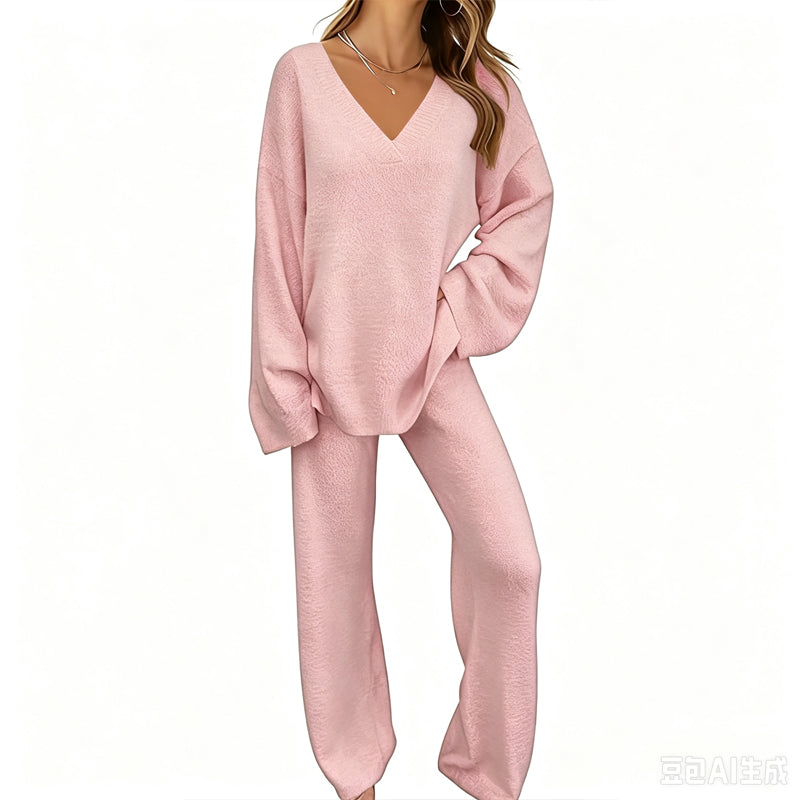Conjunto de punto para mujer con suéter de cuello en V y pantalón ancho