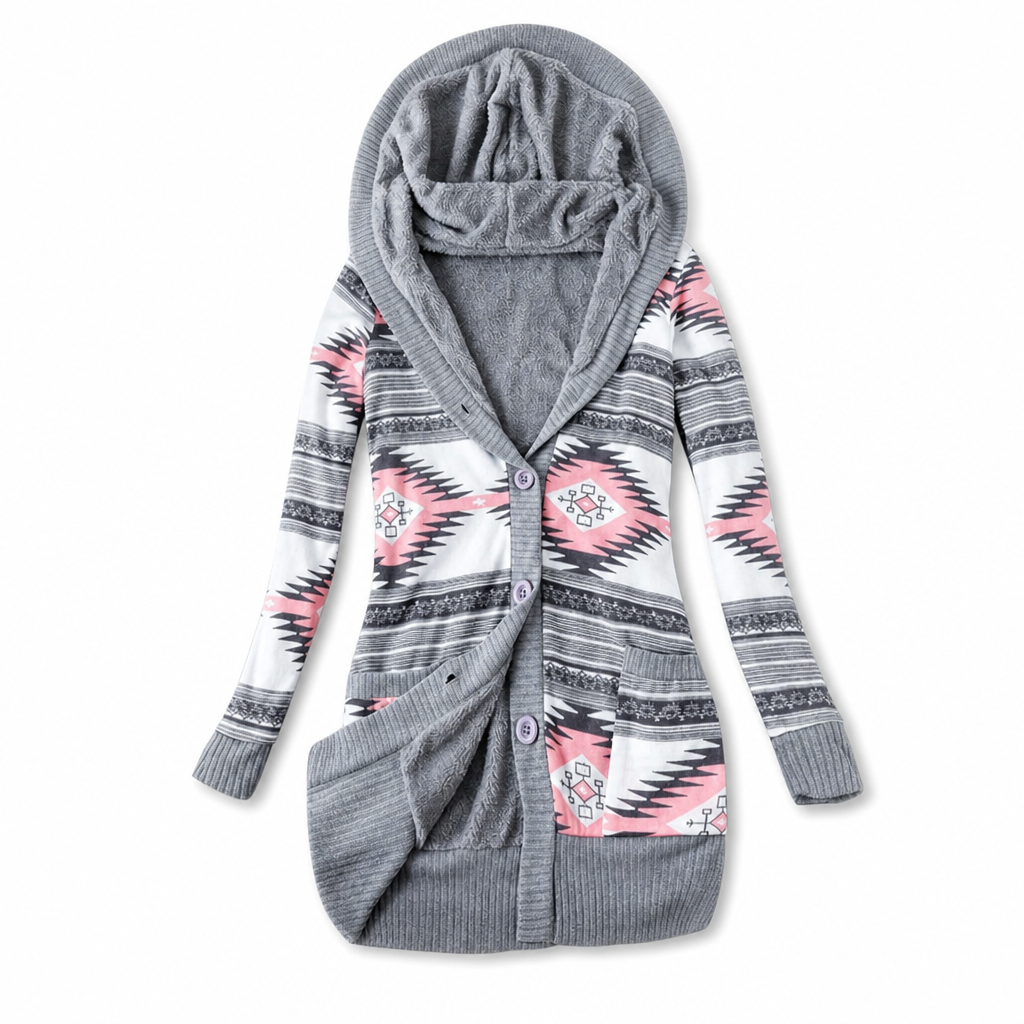 Cárdigan largo para mujer con capucha punto jacquard y botones