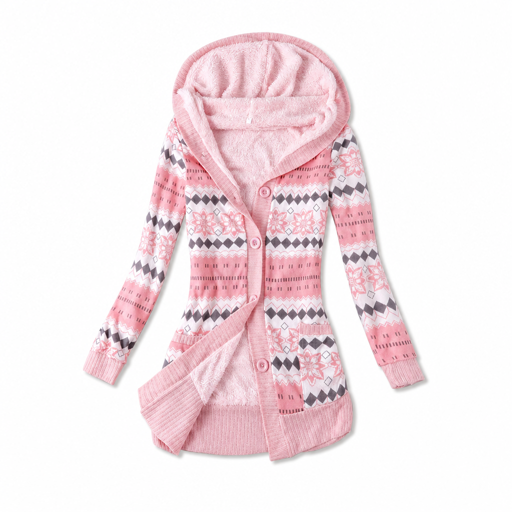 Cárdigan largo para mujer con capucha punto jacquard y botones