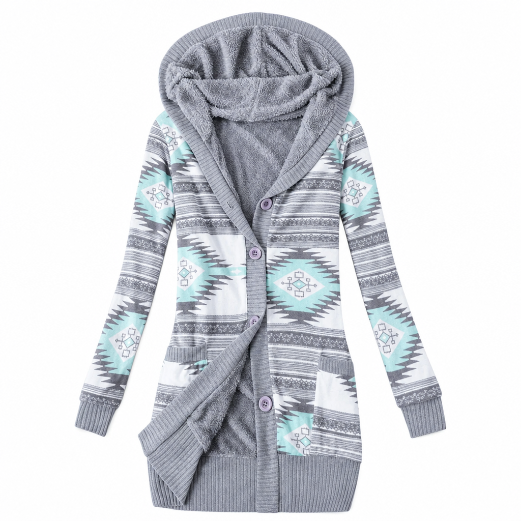 Cárdigan largo para mujer con capucha punto jacquard y botones