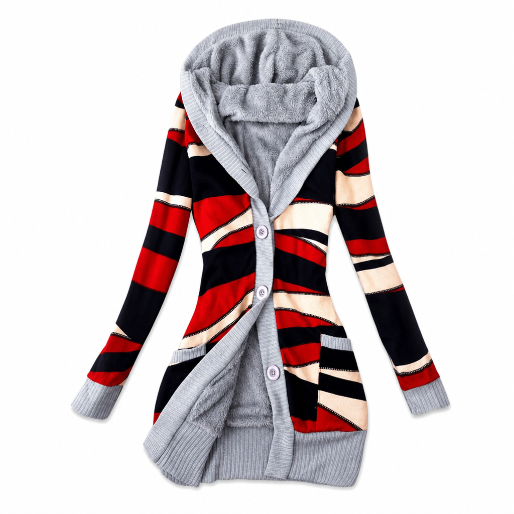 Cárdigan largo para mujer con capucha punto jacquard y botones