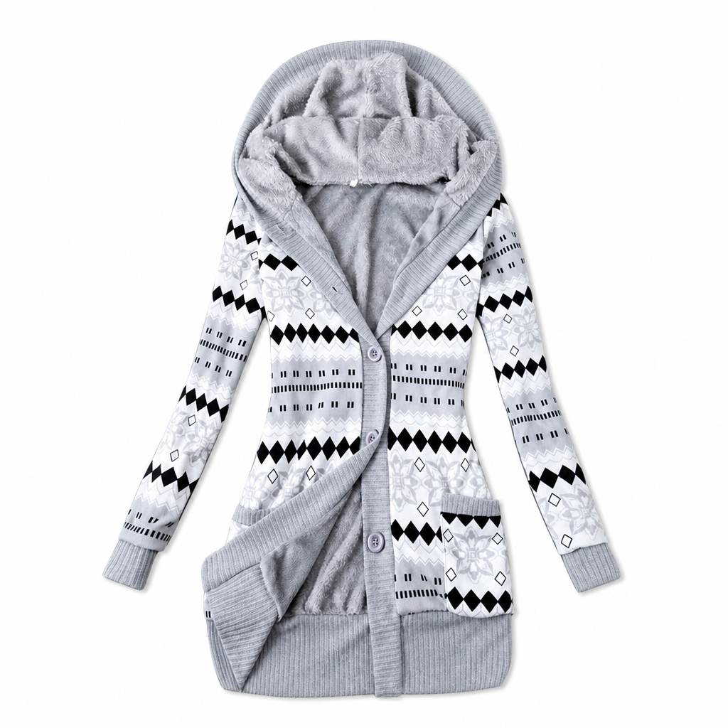 Cárdigan largo para mujer con capucha punto jacquard y botones