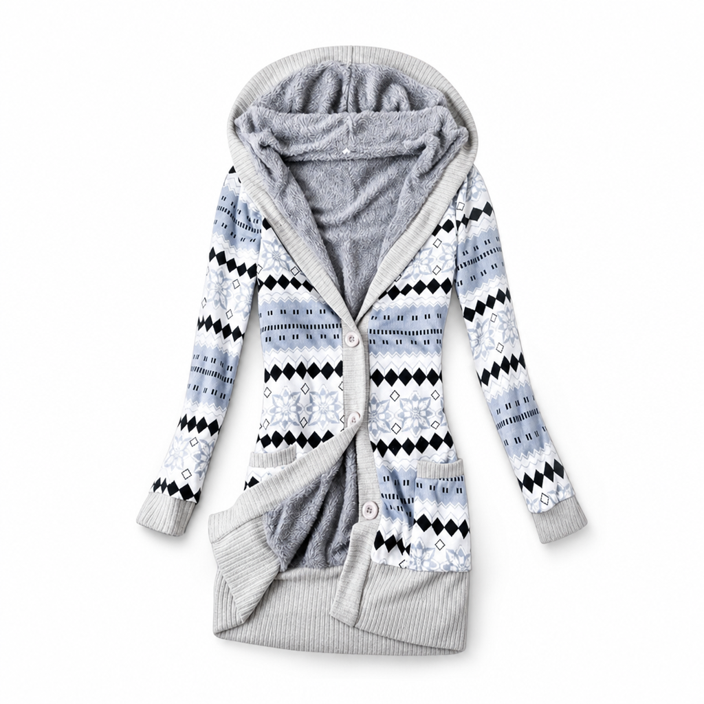 Cárdigan largo para mujer con capucha punto jacquard y botones