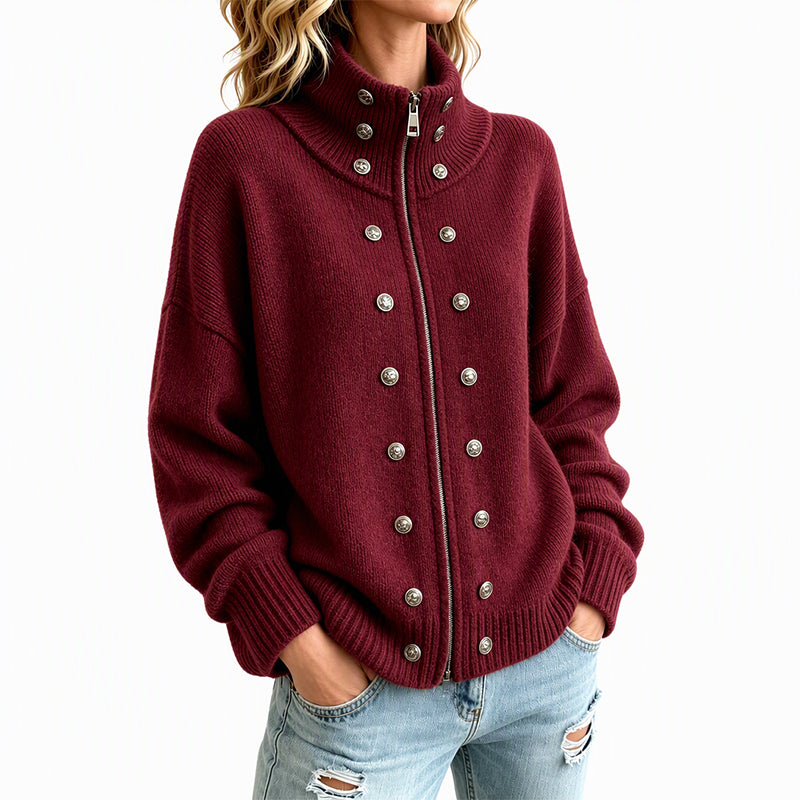 Cárdigan de punto para mujer con cuello alto y cremallera