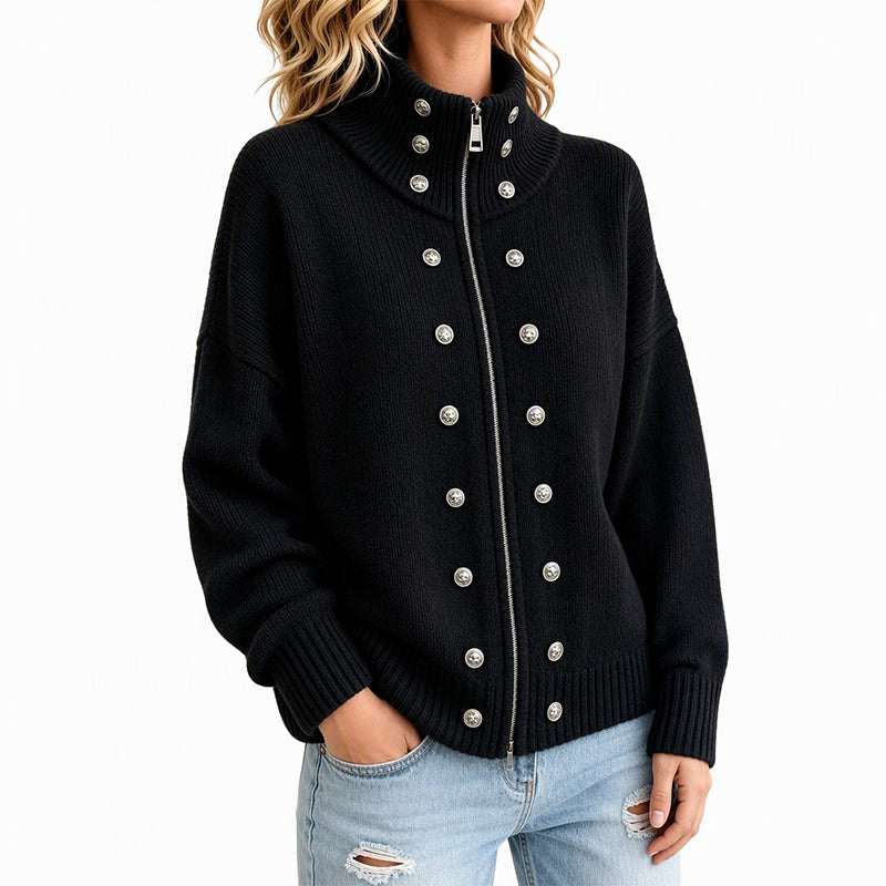 Cárdigan de punto para mujer con cuello alto y cremallera