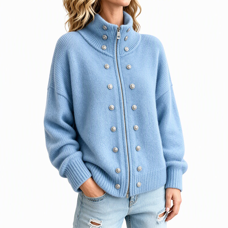 Cárdigan de punto para mujer con cuello alto y cremallera
