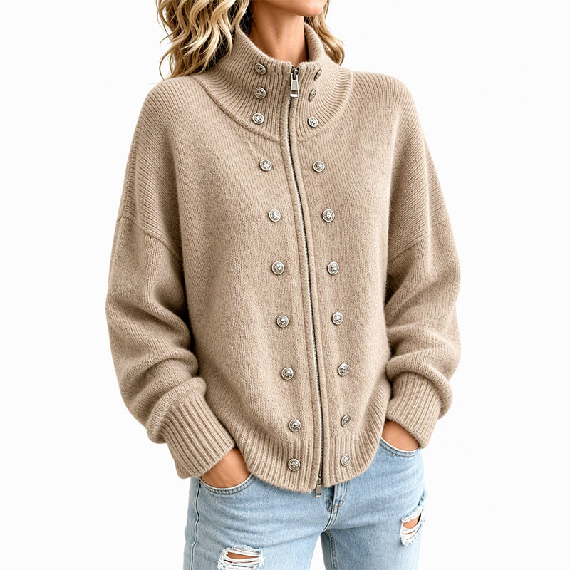 Cárdigan de punto para mujer con cuello alto y cremallera