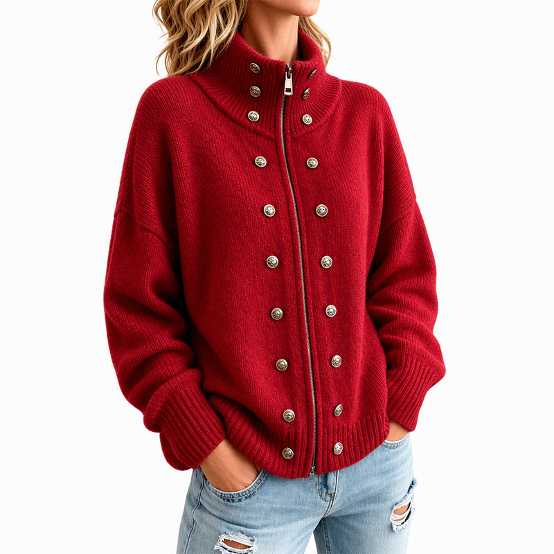Cárdigan de punto para mujer con cuello alto y cremallera