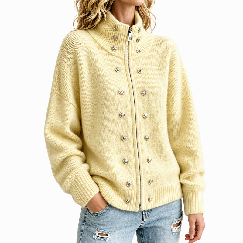 Cárdigan de punto para mujer con cuello alto y cremallera
