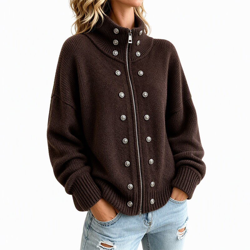 Cárdigan de punto para mujer con cuello alto y cremallera