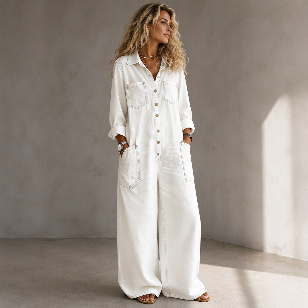 Mono de mujer efecto denim con pierna ancha y botones