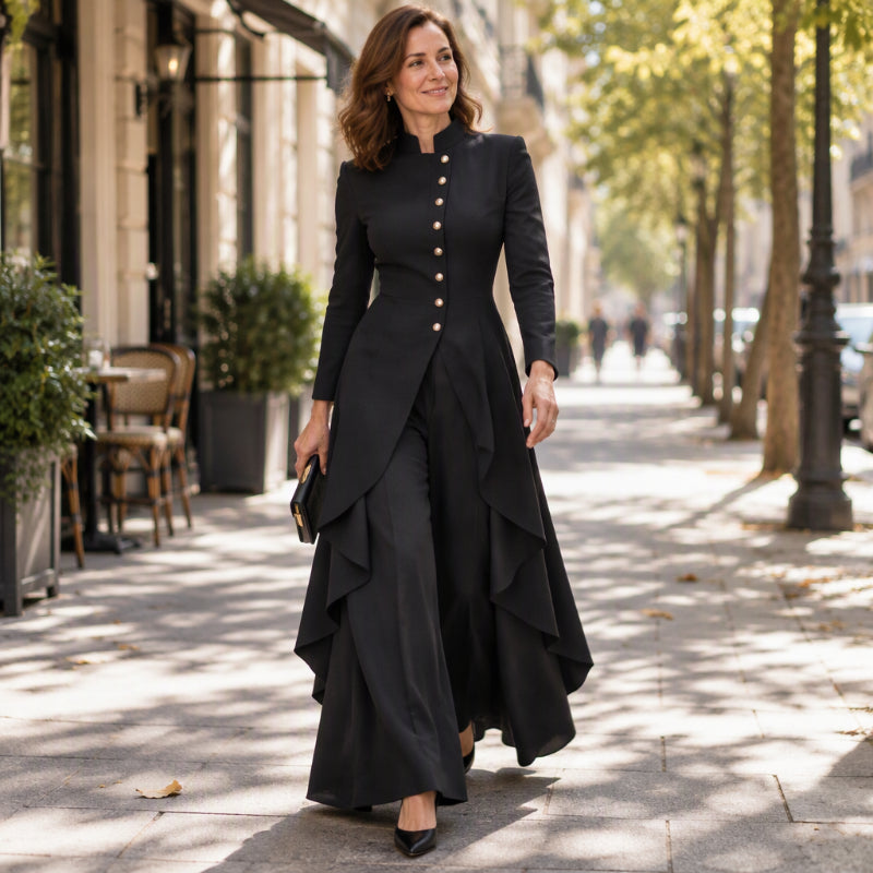 Conjunto elegante para mujer con blusa larga y pantalón ancho