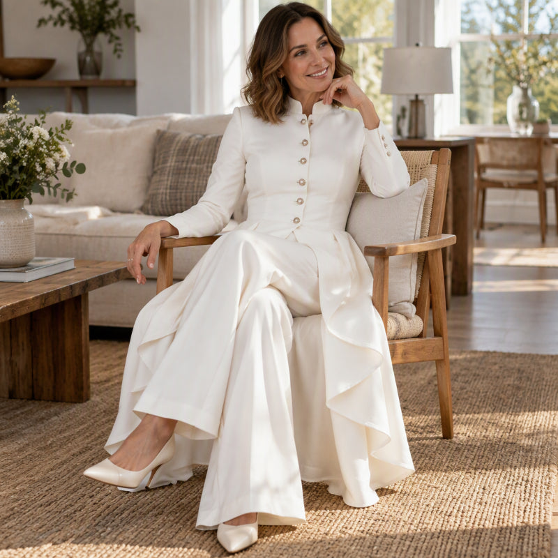 Conjunto elegante para mujer con blusa larga y pantalón ancho