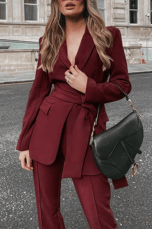 Traje mujer dos piezas blazer con cinturón y pantalón recto - Camilla