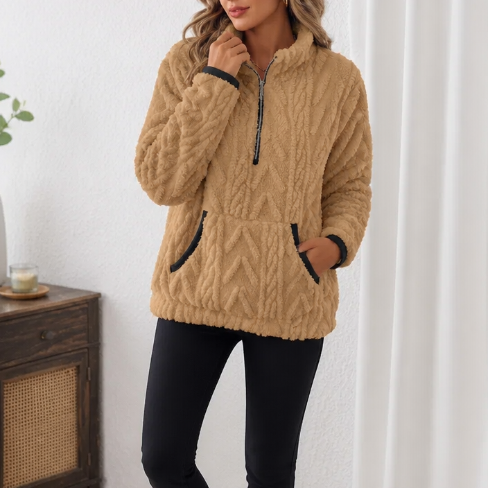 Sudadera polar con media cremallera y bolsillo para mujer