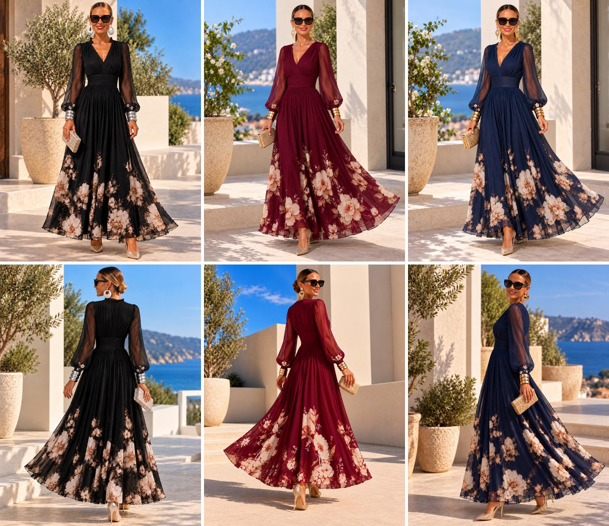 Vestido de gasa floral en negro, vino y azul marino, de frente y de espalda o de perfil
